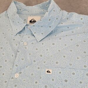 Quiksilver Mens XL Blue Short Sleeve Button Down Shirt Sun Yin Yang Print Cotton